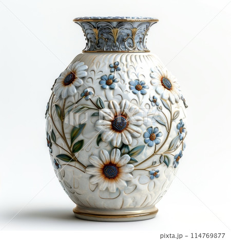 Classic White Ceramic Vase with Embossed Floral Design Classic White Ceramic Vase with Embossed Floral Design 114769877