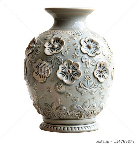 Classic White Ceramic Vase with Embossed Floral Design Classic White Ceramic Vase with Embossed Floral Design 114769878