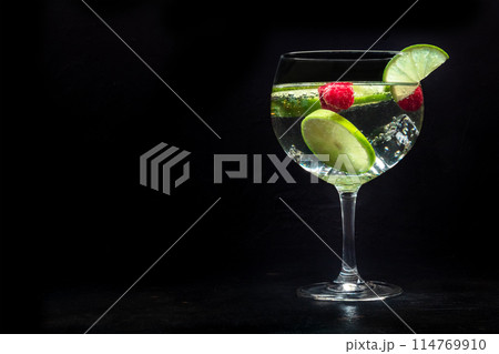 Fancy cocktail with fresh fruit. Gin and tonic drink with ice at a party 114769910