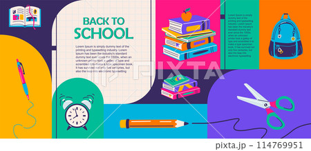 Back to school vector illustration. Geometric organic Y2K style design composition. Back to school sale, pattern, banner, poster and flyer background Back to school vector illustration. Geometric organic Y2K style design composition. Back to school sale, pattern, banner, poster and flyer background 114769951