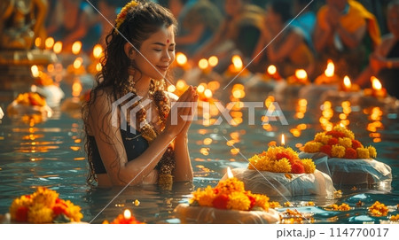person amidst fluffy clouds stars twinkling above and a crescent moon casting its gentle glow. 114770017