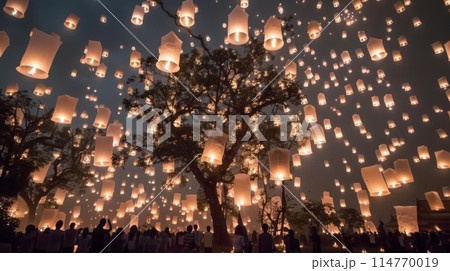 person amidst fluffy clouds stars twinkling above and a crescent moon casting its gentle glow. 114770019