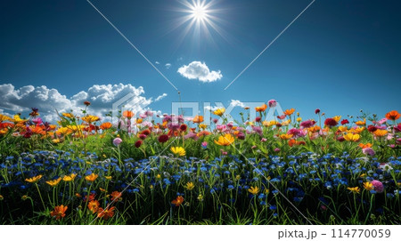 person amidst fluffy clouds stars twinkling above and a crescent moon casting its gentle glow. 114770059