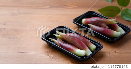 新鮮なみょうが (木目背景) 114770148