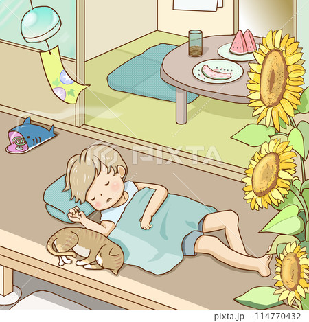 縁側で風鈴の音色とお昼寝をする子供と猫 縁側で風鈴の音色とお昼寝をする子供と猫 114770432
