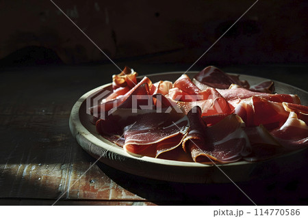 slices of serrano ham in a plate, generative AI 114770586