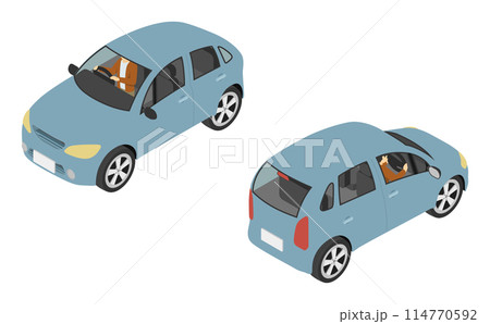 アイソメトリックイラスト:コンパクトカーに乗る男性 アイソメトリックイラスト:コンパクトカーに乗る男性 114770592