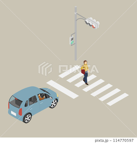 アイソメトリックイラスト：車と信号機と横断歩道1 114770597