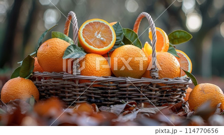harvest of oranges in a basket in the garden. realistic photo 114770656