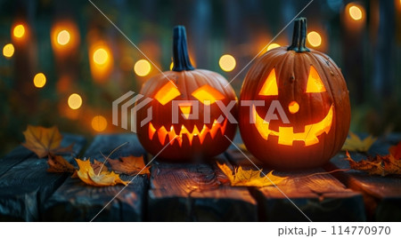 Two carved pumpkins glow warmly on a rustic wooden table, surrounded by vibrant autumn leaves. The background captures the essence of a magical fall evening with golden hues and a dreamy bokeh effect 114770970