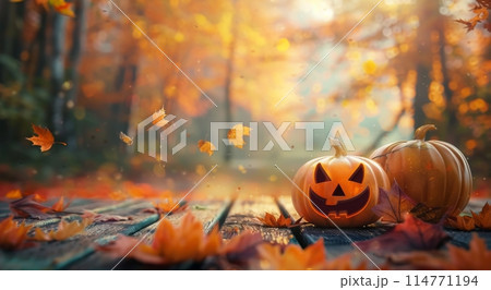 Two carved pumpkins glow warmly on a rustic wooden table, surrounded by vibrant autumn leaves. The background captures the essence of a magical fall evening with golden hues and a dreamy bokeh effect 114771194
