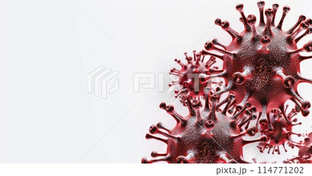 detailed and textured representation of a virus molecule with prominent spike proteins, set against a white background detailed and textured representation of a virus molecule with prominent spike proteins, set against a white background 114771202