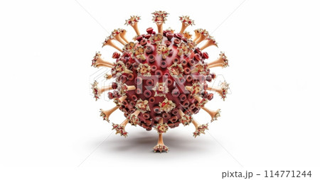 detailed and textured representation of a virus molecule with prominent spike proteins, set against a white background 114771244
