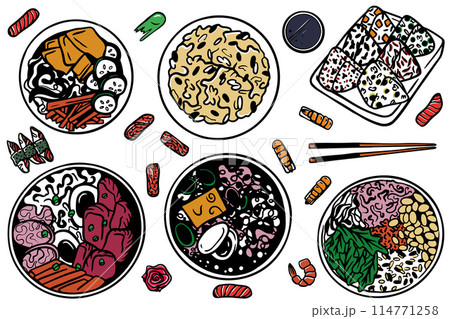 Asian Japanese food ramen set illustration. Chinese and Japanese Meal with Soup in Bowl. Hand drawn style Asian Japanese food ramen set illustration. Chinese and Japanese Meal with Soup in Bowl. Hand drawn style 114771258