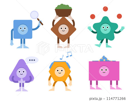 Abstract characters. Geometric comic creature emotions. Funny characters. Modern various figures. Geometry figures with eyes, hands and legs in kids style. Abstract characters. Geometric comic creature emotions. Funny characters. Modern various figures. Geometry figures with eyes, hands and legs in kids style. 114771266