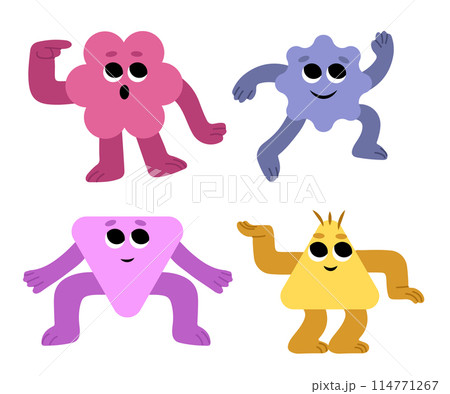 Abstract characters. Geometric comic creature emotions. Funny characters. Modern various figures. Geometry figures with eyes, hands and legs in kids style. 114771267