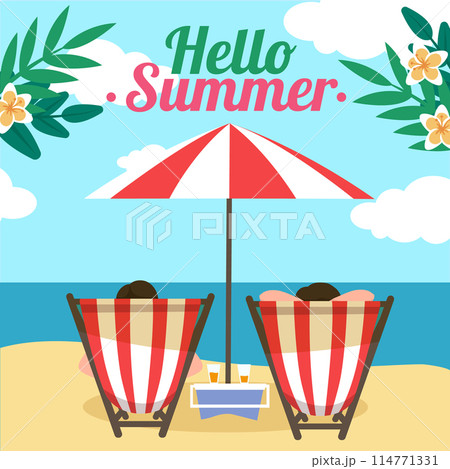 Hello summer template illustration. Summer holidays vacation banner. Happy family on picnic. Summer shopping event. Vector illustration EPS10 Vector illustration EPS10. 114771331
