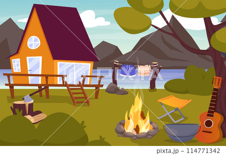 Cartoon camping. Summer nature scene with house, tent and bonfire. Family camping evening time. Tent, fire, forest and rocky mountains background Cartoon camping. Summer nature scene with house, tent and bonfire. Family camping evening time. Tent, fire, forest and rocky mountains background 114771342
