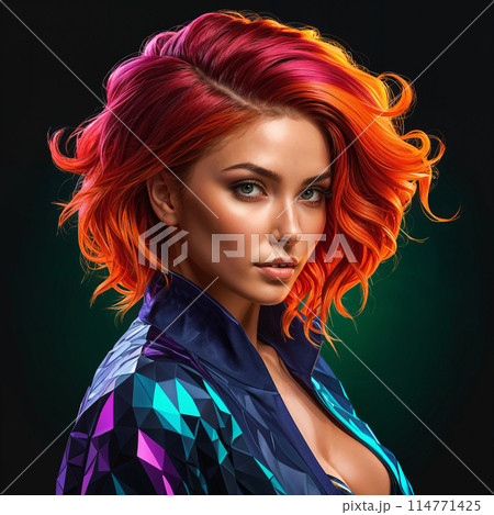 Woman with red hair and blue jacket. 114771425
