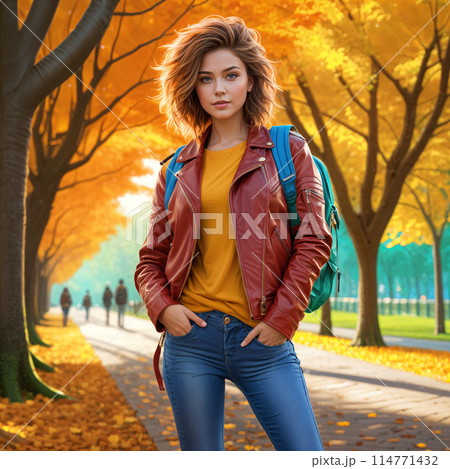Woman with brown hair and blue jeans. 114771432