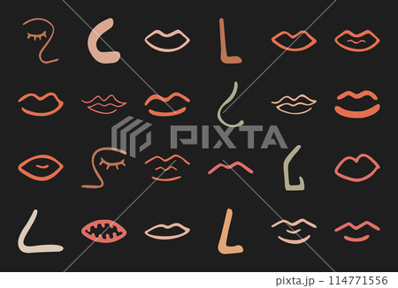 Trendy boho asymmetric eye and nose symbol set, doodle geometric amorphous face shape art, cute abstract random lips silhouette, modern organic minimal form collection, flat liquid element graphic, Trendy boho asymmetric eye and nose symbol set, doodle geometric amorphous face shape art, cute abstract random lips silhouette, modern organic minimal form collection, flat liquid element graphic, 114771556