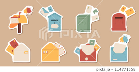 Flat handmade empty mailbox with envelopes newsletter sticker concept, cartoon craft mail flying from postboxes subscription invitation template, creative paper post card. trendy envelope design, 114771559