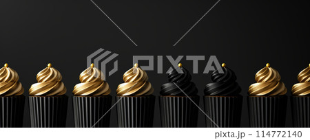 Row chocolate cupcakes with black frosting golden pearls on dark background, minimalism, copy space 114772140