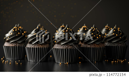 Row chocolate cupcakes with black frosting golden pearls on dark background, minimalism, copy space 114772154