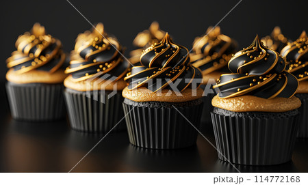 Row chocolate cupcakes black and frosting golden pearls on dark background, minimalism, copy space 114772168