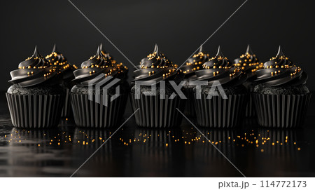Row chocolate cupcakes with black frosting golden pearls on dark background, minimalism, copy space Row chocolate cupcakes with black frosting golden pearls on dark background, minimalism, copy space 114772173