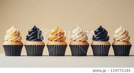 Row chocolate cupcakes with black frosting golden pearls light background, minimalism, copy space 114772185