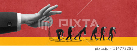 Manipulative influence. Hand holding people in strings. Direct control and manipulation of individuals by higher powers. Contemporary art collage. 114772283