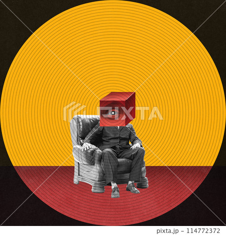 Watchful Eye of Media. Faceless man sitting on armchair with multi-layered eye cube instead head. Journalism influence. Contemporary art collage. 114772372