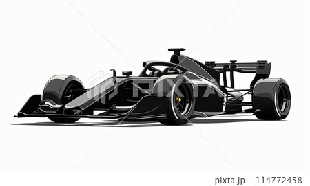 Drawn illustration. Sleek black racing car against white background. Motorsport and speed. 114772458
