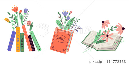 Books with flowers bouquets 2D linear cartoon objects set Books with flowers bouquets 2D linear cartoon objects set 114772588