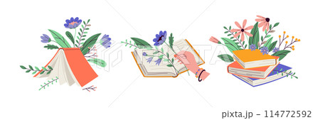 Books with flowers bouquets 2D linear cartoon objects set 114772592