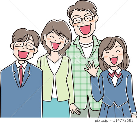 人物イラスト_笑顔の人々_4人家族_学生男女_40代両親 114772593