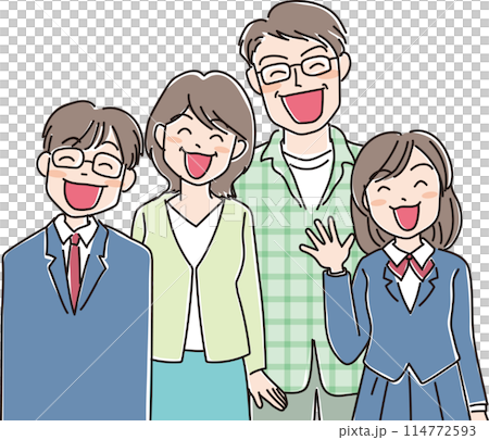 人物イラスト_笑顔の人々_4人家族_学生男女_40代両親 114772593