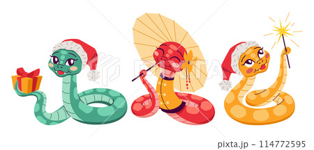 Happy snakes celebrating Chinese new year 2D characters 114772595