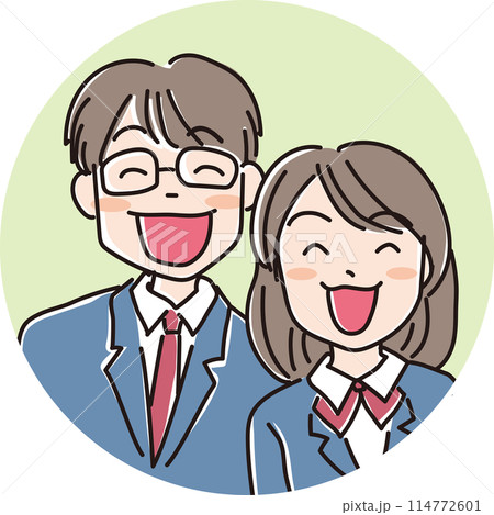 人物イラスト_笑顔の人々_制服の学生男女_眼鏡男子学生_女子学生_背景色あり 114772601