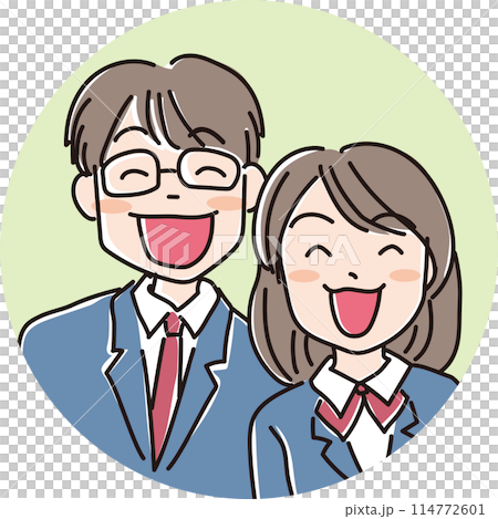 人物イラスト_笑顔の人々_制服の学生男女_眼鏡男子学生_女子学生_背景色あり 114772601