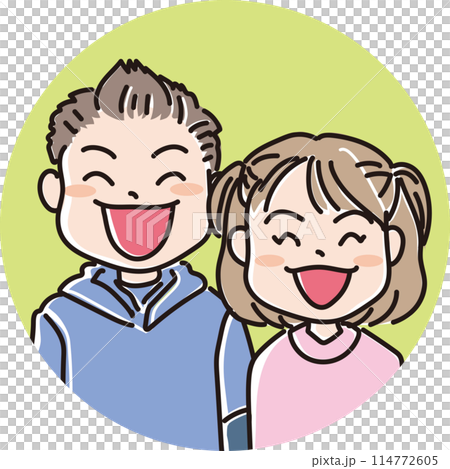 人物イラスト_笑顔の人々_笑顔の子供_小学生くらいの男の子と女の子_丸窓背景色あり 人物イラスト_笑顔の人々_笑顔の子供_小学生くらいの男の子と女の子_丸窓背景色あり 114772605
