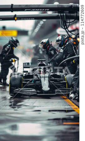 Race car pulls into pit lane on wet track, surrounded by focused pit crew in black suits. Team's swift and precise maintaining race performance. Race car pulls into pit lane on wet track, surrounded by focused pit crew in black suits. Team's swift and precise maintaining race performance. 114772609