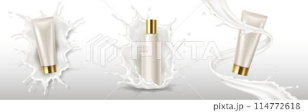 Cream splashes with packages realistic illustration set Cream splashes with packages realistic illustration set 114772618