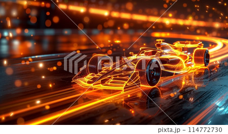 Sleek, futuristic race car streaks down neon-lit track at night, leaving trail of glowing light. Motion blur effect. Sleek, futuristic race car streaks down neon-lit track at night, leaving trail of glowing light. Motion blur effect. 114772730