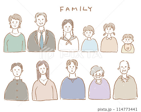 赤ちゃん、子供、若者、シニア、高齢者(家族)の上半身(両親、祖父母、子供、赤ちゃん、夫婦) 赤ちゃん、子供、若者、シニア、高齢者(家族)の上半身(両親、祖父母、子供、赤ちゃん、夫婦) 114773441
