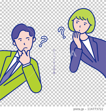Illustration material [set] of the upper body of a man and woman in their 20s to 40s who are feeling doubtful, peeking out from the side 114773722