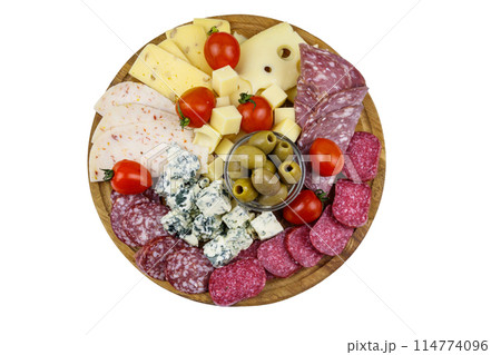 Antipasti platter with olives, cherry tomatoes, assortment of italian salami and cheese isolated on white background Antipasti platter with olives, cherry tomatoes, assortment of italian salami and cheese isolated on white background 114774096