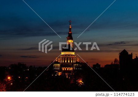 View of illuminated Annunciation cathedral at night in Kharkov, Ukraine View of illuminated Annunciation cathedral at night in Kharkov, Ukraine 114774123