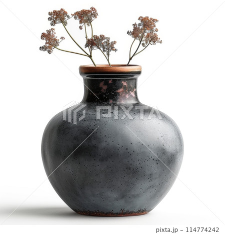 Matte Charcoal Ceramic Vase with Delicate Dried Flowers 114774242
